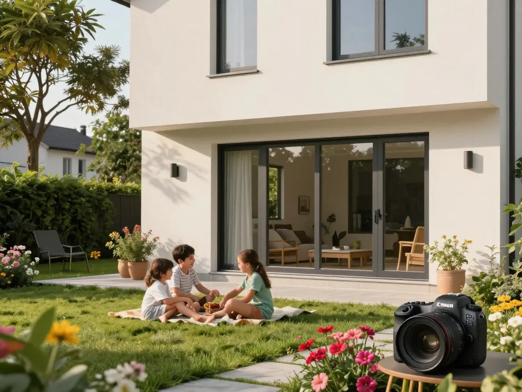 Schöner Garten mit Schüco-Fenstern, die das moderne Wohndesign verbessern und Eleganz sowie Energieeffizienz präsentieren.