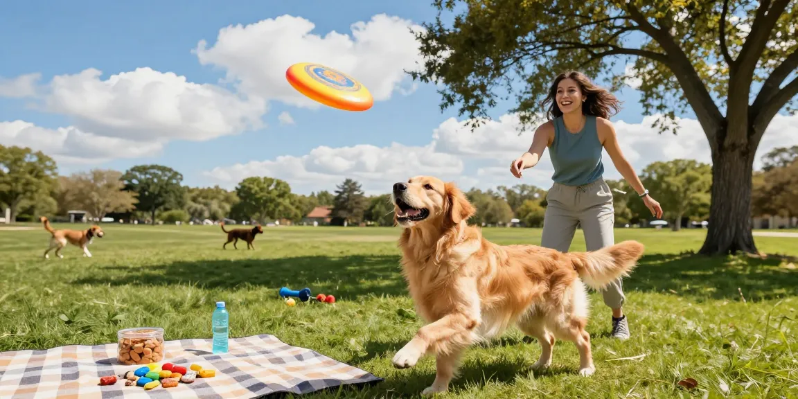 Happy dog owner playing fetch with a golden retriever at the park, DEWI111 showcasing outdoor pet care.