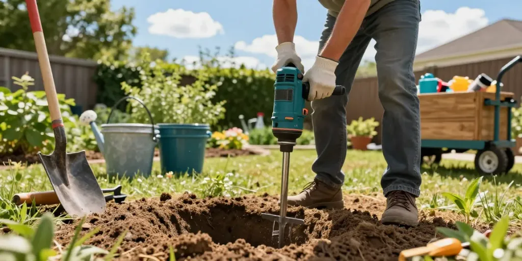 Brunnenbohren im eigenen Garten mit Handbohrer und Gartengeräten.
