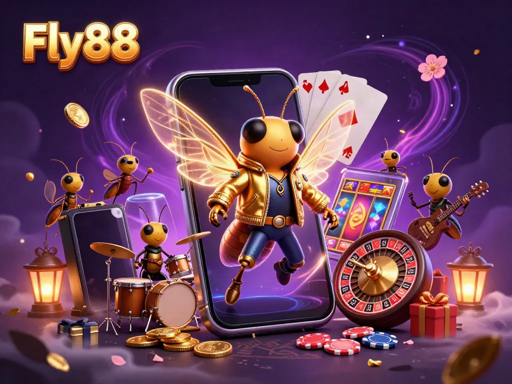 Fly88 showcases a vibrant scene with cartoon characters and casino elements, including a colorful smartphone slots game.