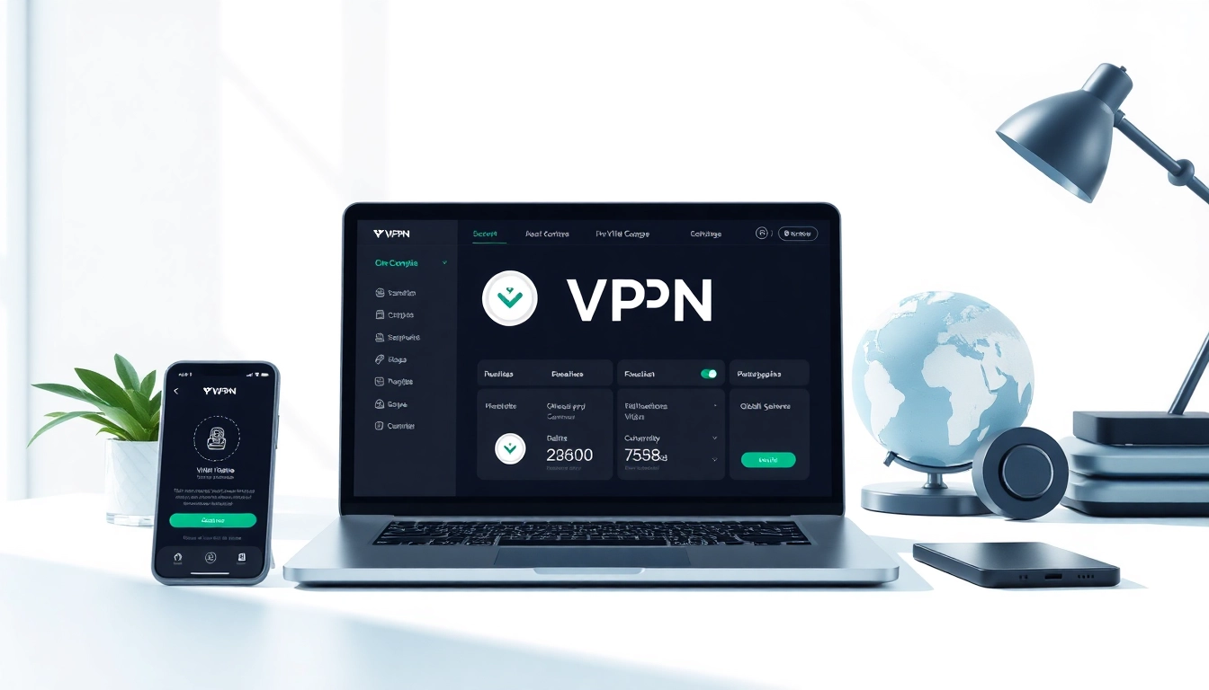 在专业工作区的现代笔记本电脑上显示的快连VPN界面，展示全球连接性与安全功能。