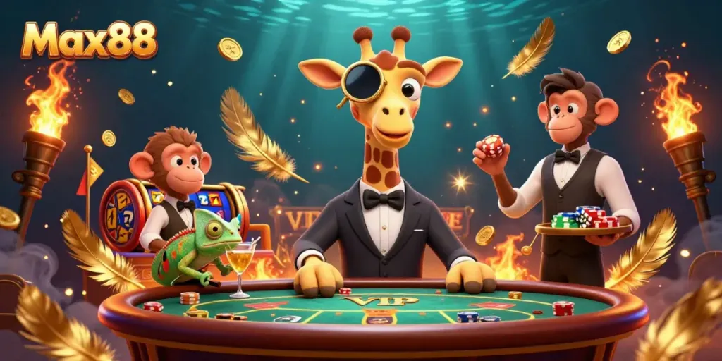 Experience the excitement of Max88 with high-roller giraffe and vibrant casino elements in this dynamic illustration.