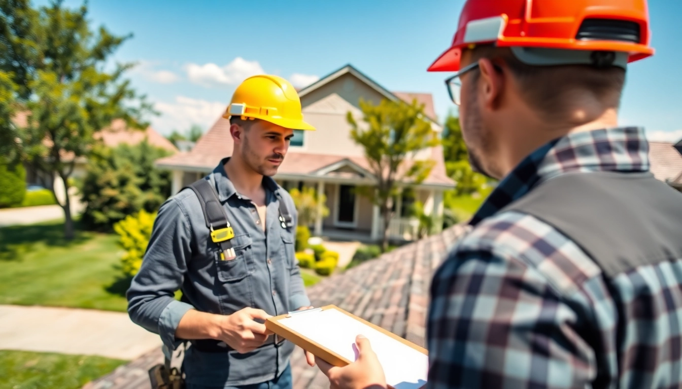 Professional roofing services assessment by a contractor on a residential roof in a sunny neighborhood.