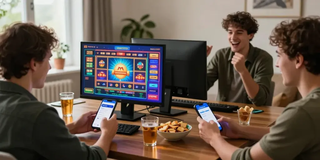 Casino avec itsme Belgique: Spieler genießen sicheres Online-Casino mit Smartphone und Snacks.