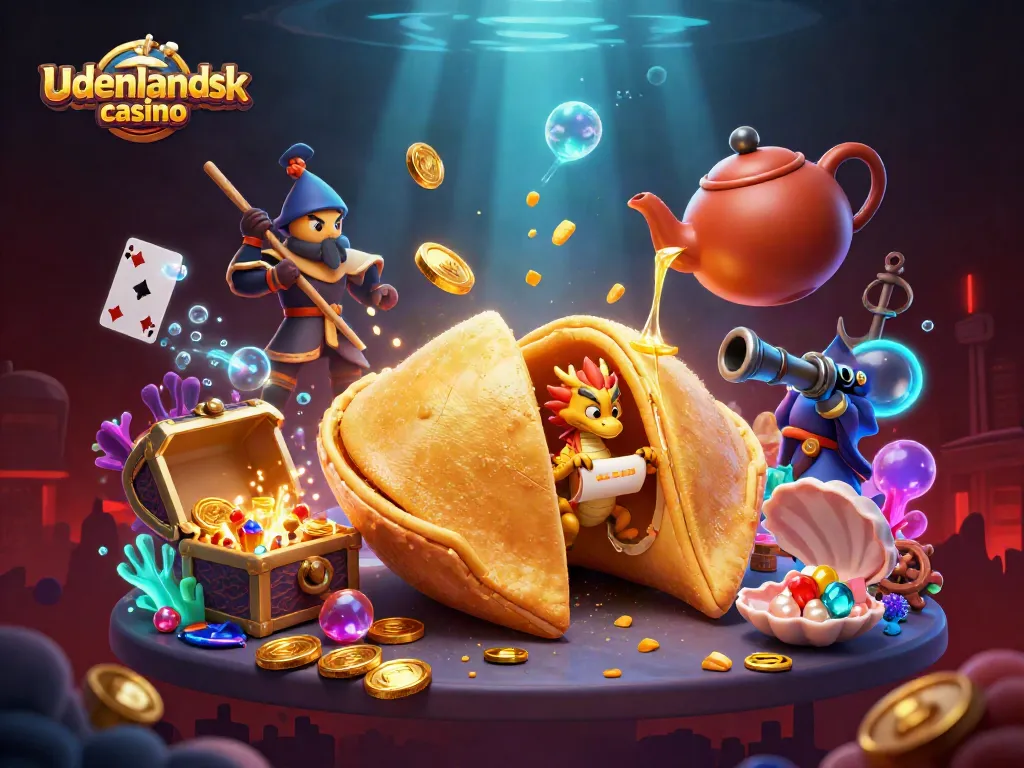 A vibrant scene depicting utenlandsk casino with a giant fortune cookie, dragon, and gold elements.