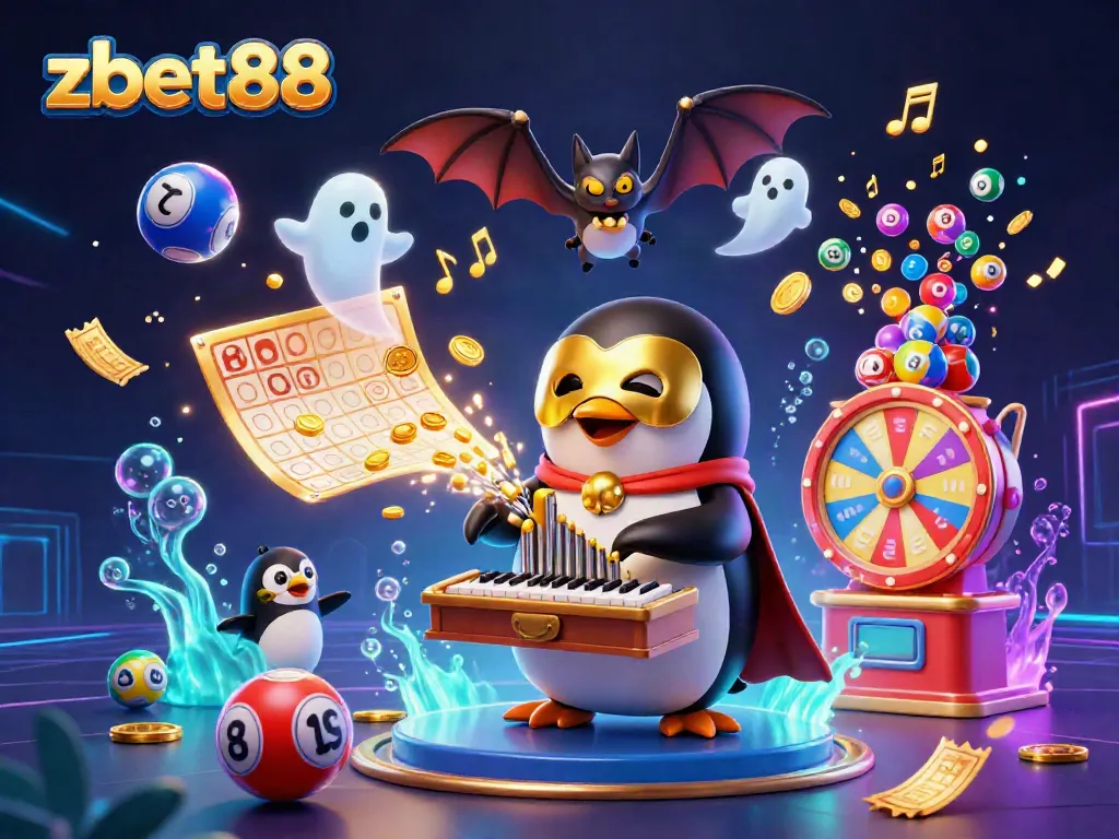 Experience the excitement of zbet88 with 3D characters and animated lottery elements in a vibrant casino setting.