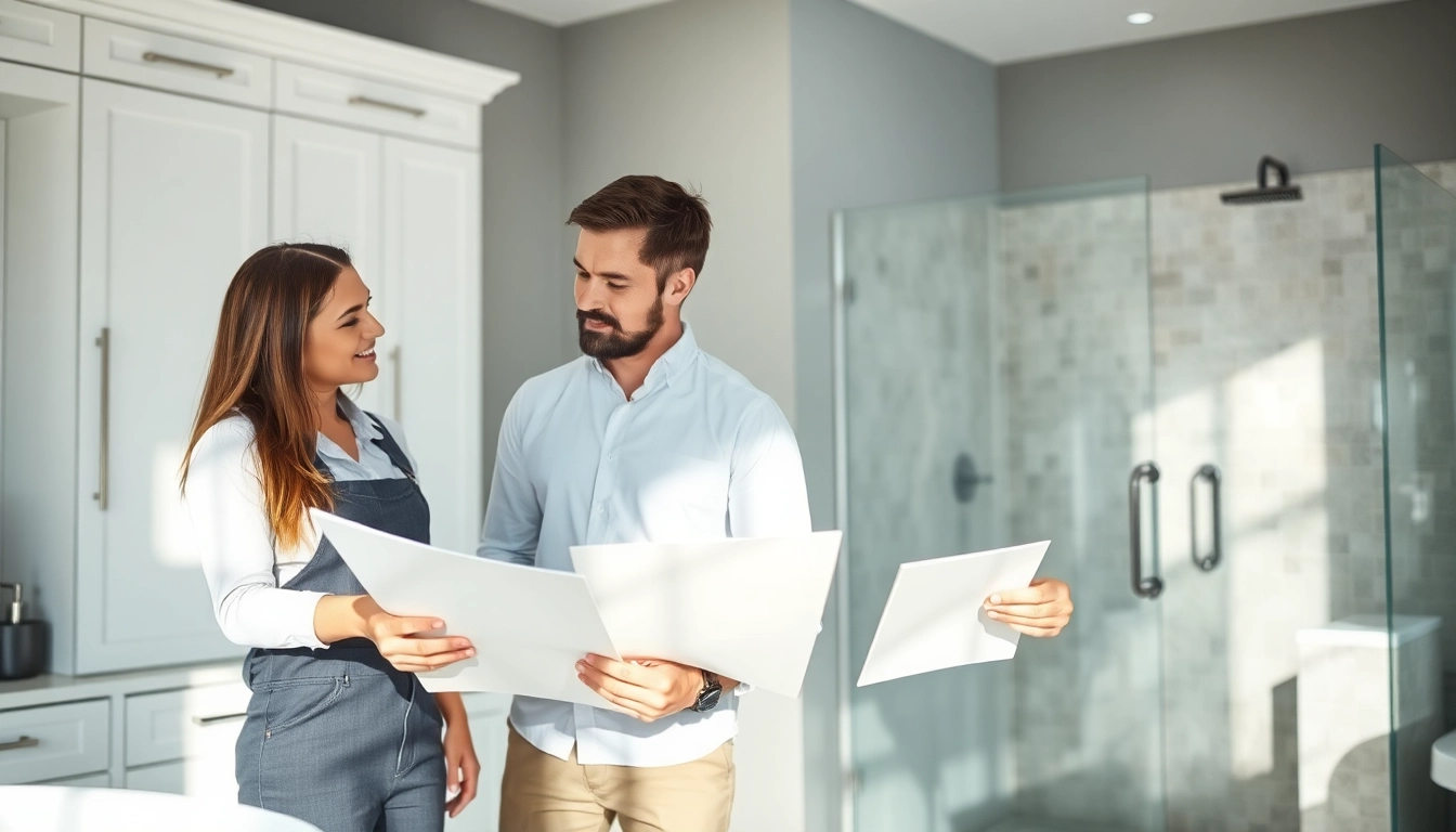 Bathroom remodeling contractors consult with a homeowner showcasing modern design samples.
