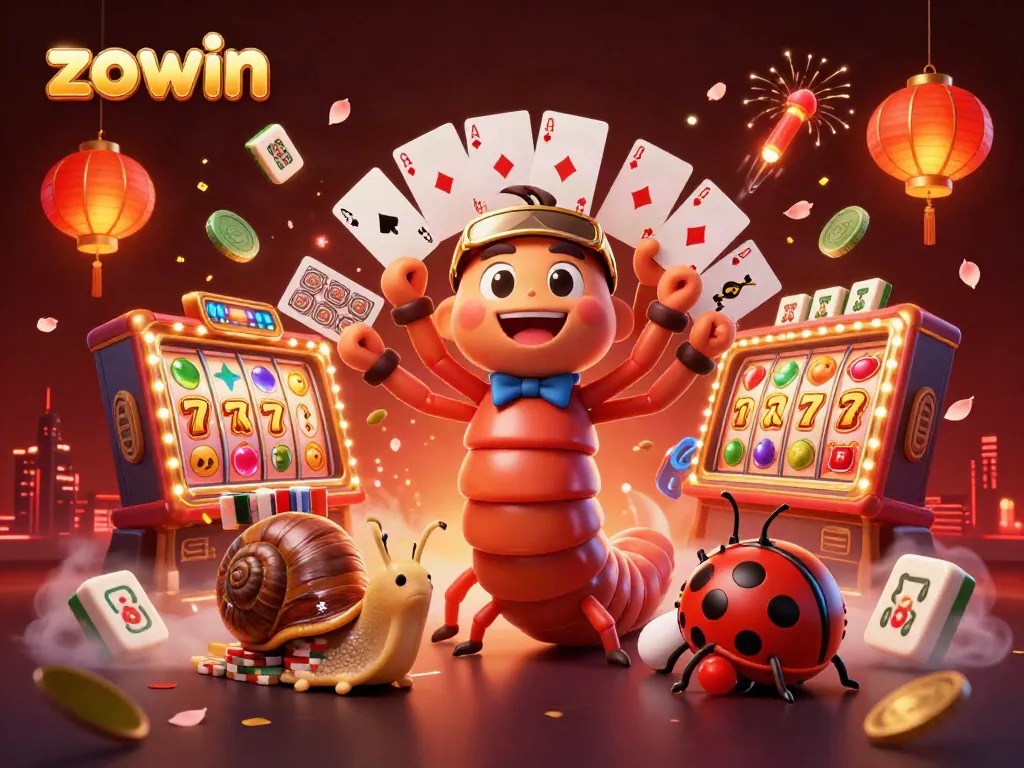 Zowin casino showcases a whimsical scene with a millipede dealer, snail high-roller, and pill bug amidst vibrant slot reels.