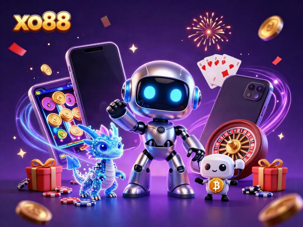Engage with games at xo88 featuring a cyberpunk robot, holographic dragon, and bitcoin drone.