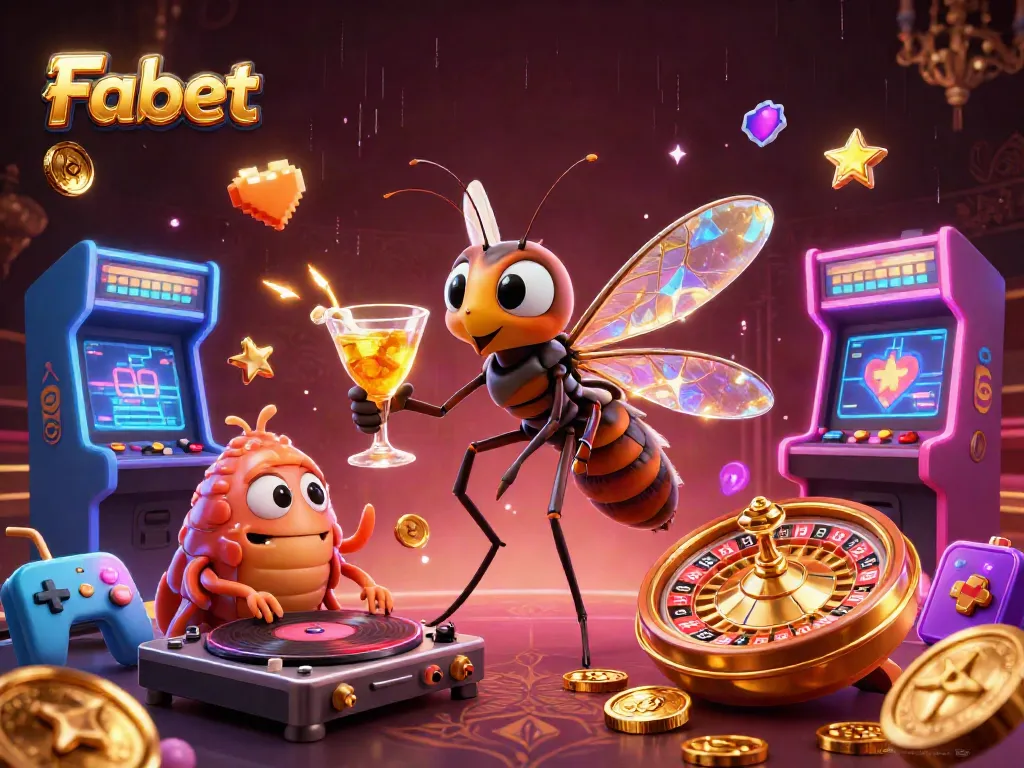 Experience Fabet's vibrant casino world with a cartoon mosquito mascot, trilobite DJ, and golden roulette wheel.