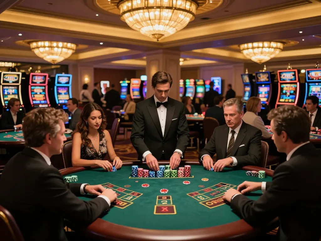 mb668 players placing bets at lavish blackjack tables in an upscale casino environment.
