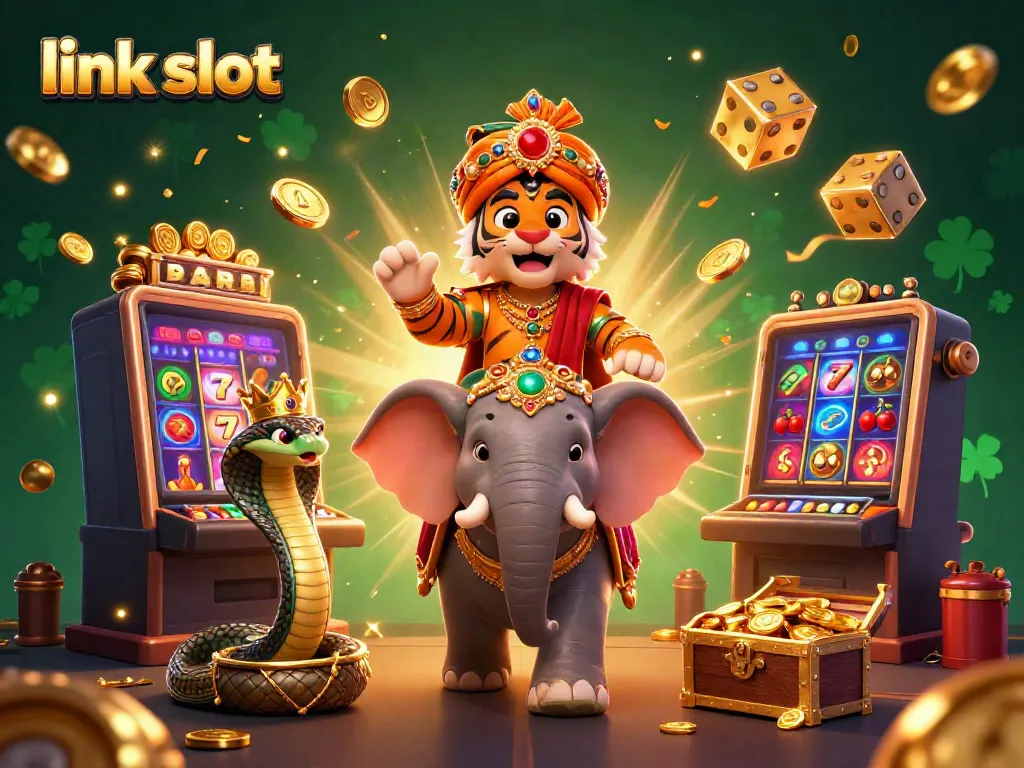 Experience the excitement of link slot games in this vibrant 3D casino illustration with a maharaja and elephant.