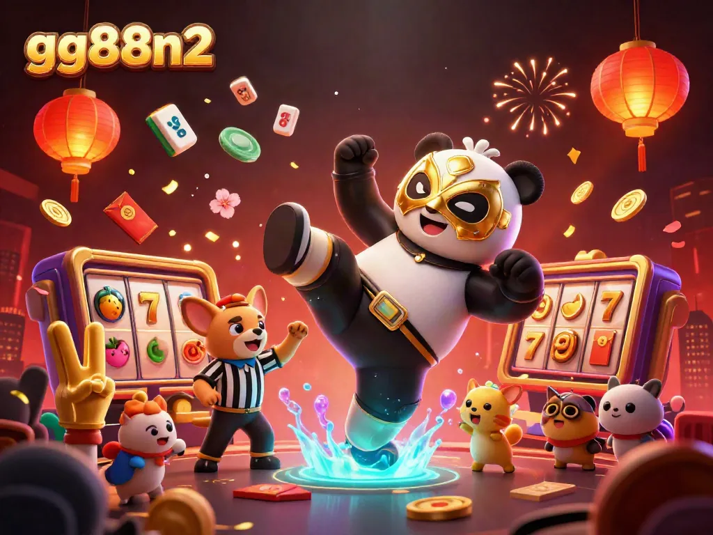 Witness the action-packed scene at gg88n2 with a panda wrestler and chihuahua referee surrounded by vibrant casino game elements.