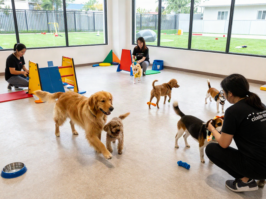 Happy dogs playing in vibrant daycare, exploring slot 10k opportunities for pet care.