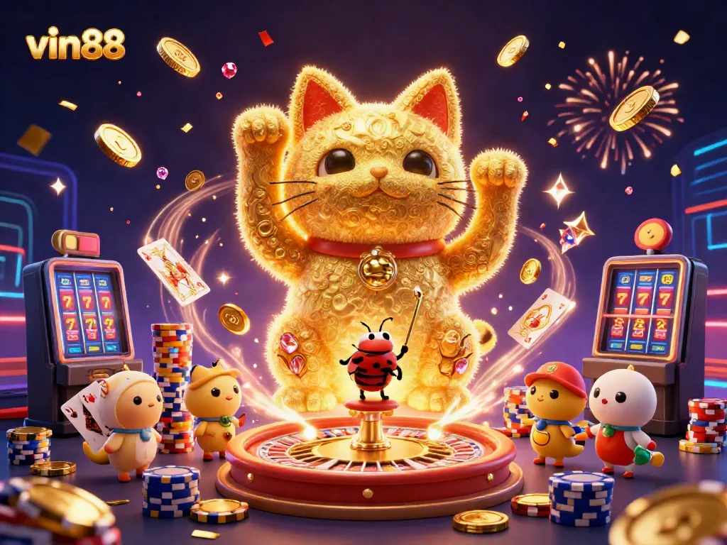 Win big at vin88 with lucky symbols and vibrant casino elements in an engaging 3D scene.