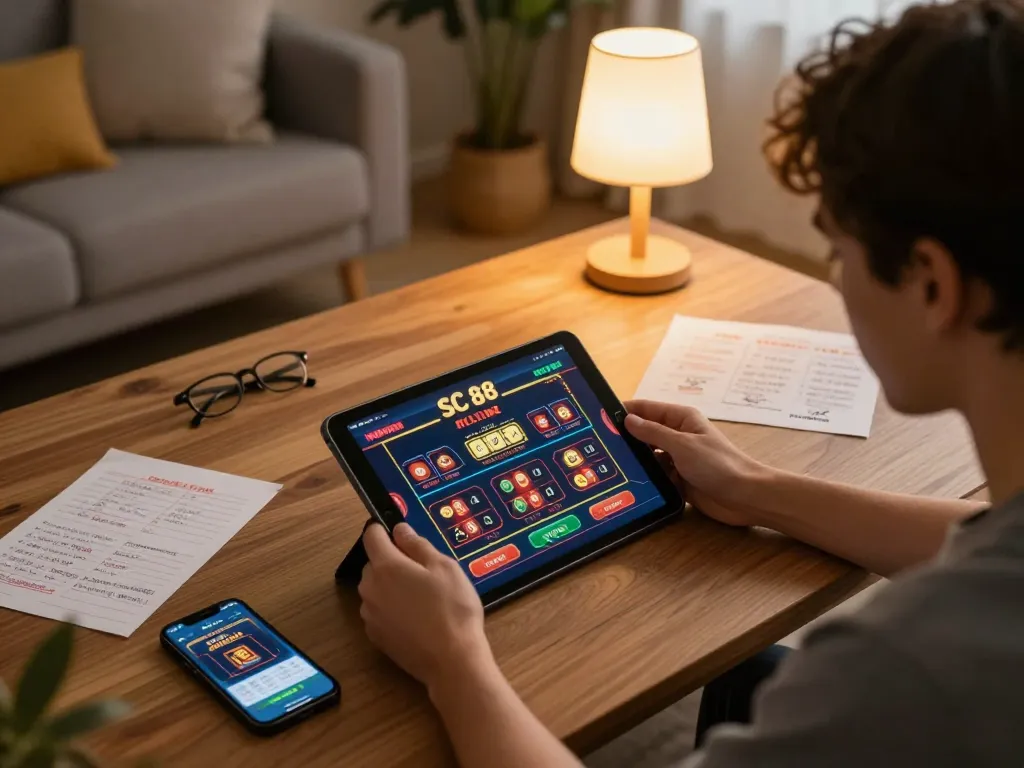 Player engaged with SC 88 online casino app on tablet at home, betting strategy notes visible.