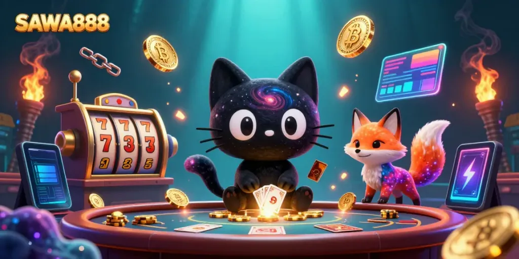 SAWA888 cosmic casino scene featuring a black hole cat and nebula fox surrounded by rich gaming elements.