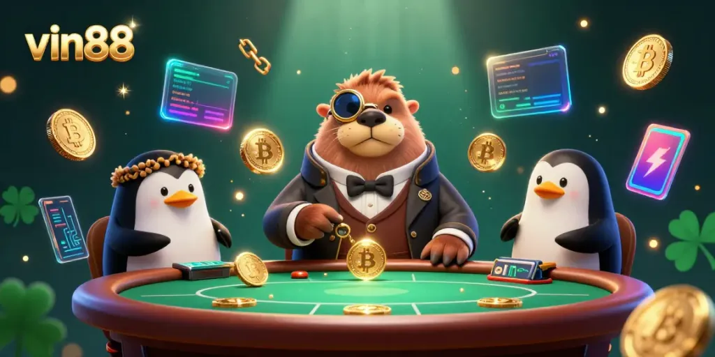 Experience thrilling poker with vin88's jolly walrus and dealer in a vibrant underwater casino.