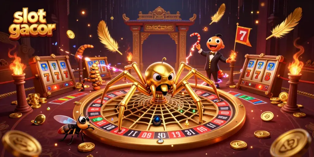 Experience thrilling slot gacor action with vibrant illustrations of casino elements and characters.