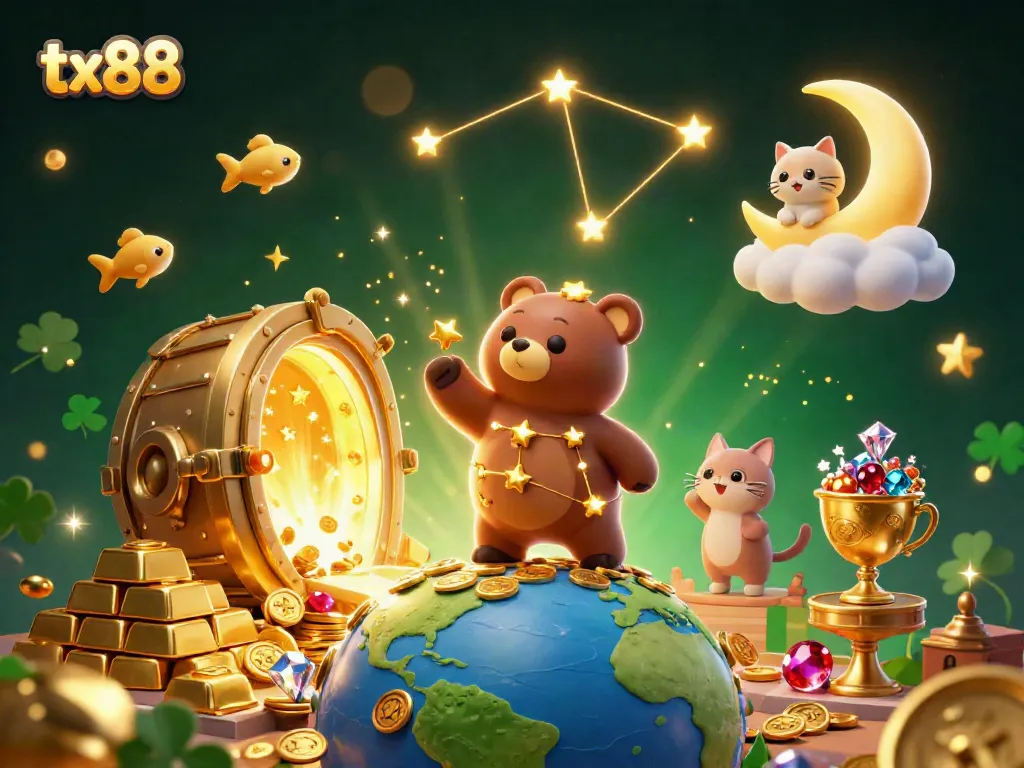 tx88 constellation bear and friends scoop up coins from a treasure vault in a vibrant casino scene