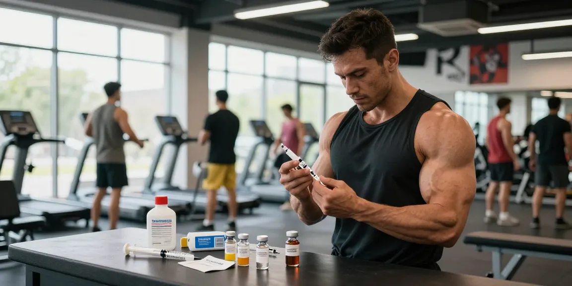 Szene im Anabolika-Shop, die einen professionellen Bodybuilder zeigt, der sichere Steroidinjektionstechniken in einem modernen Fitnessstudio demonstriert.