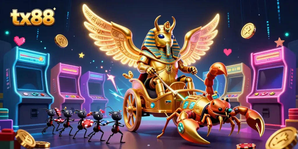 Engage with TX88's thrilling casino scene featuring a golden scarab, vibrant arcade games, and dynamic elements.
