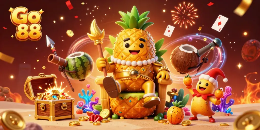 Experience the exciting world of Go 88 with vibrant 3D characters in a beach casino scene.