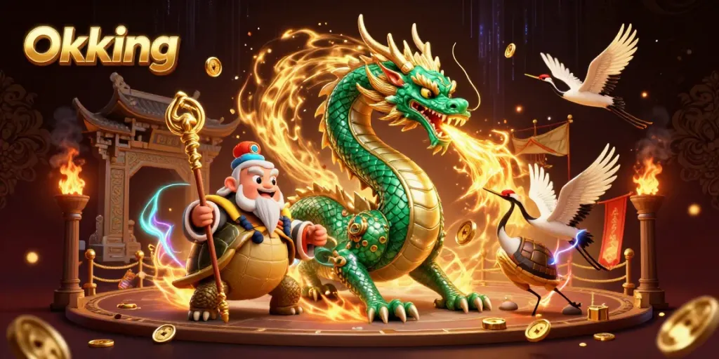 Experience thrilling gaming at Okking with a jade dragon, lucky cranes, and vibrant casino elements.
