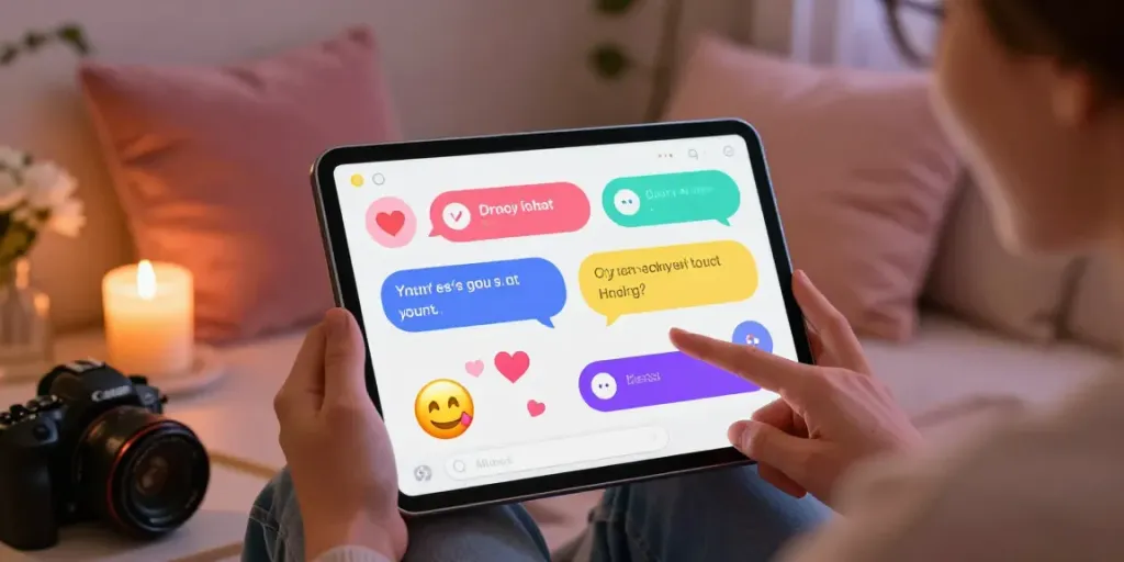 Engaging spicy AI chat scene with a tablet displaying flirty conversations surrounded by romantic decor.