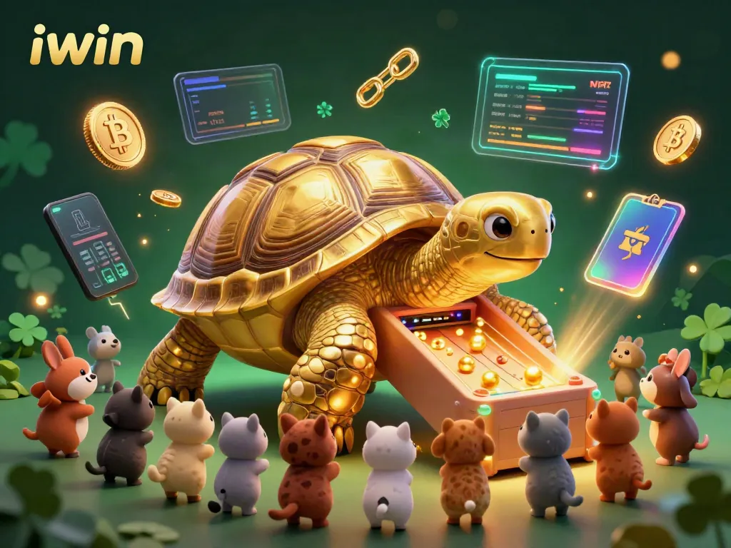Engage in thrilling games at iwin with a vibrant 3D scene featuring a golden tortoise pinball machine surrounded by crypto elements.