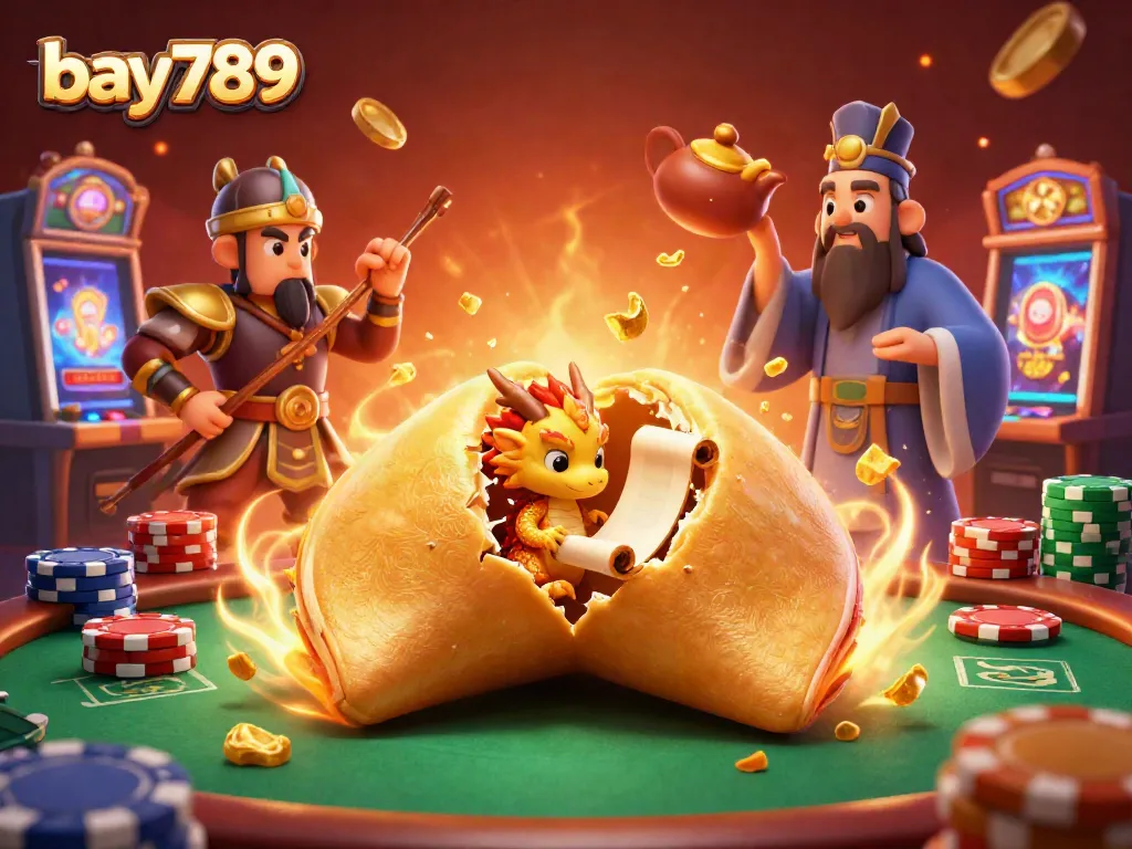 Experience thrilling games at bay789 with a golden fortune cookie crack open revealing riches and magical characters.