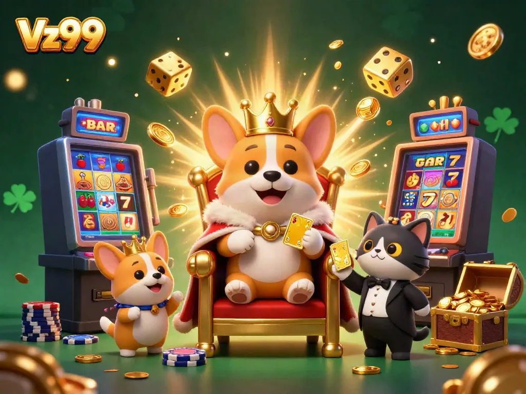 Win big at Vz99 with a corgi king surrounded by explosive casino themes.