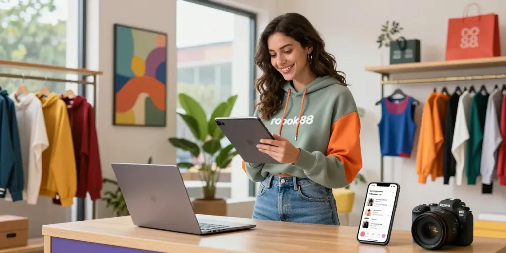 rokok88 model showcasing trendy apparel in vibrant e-commerce scene.