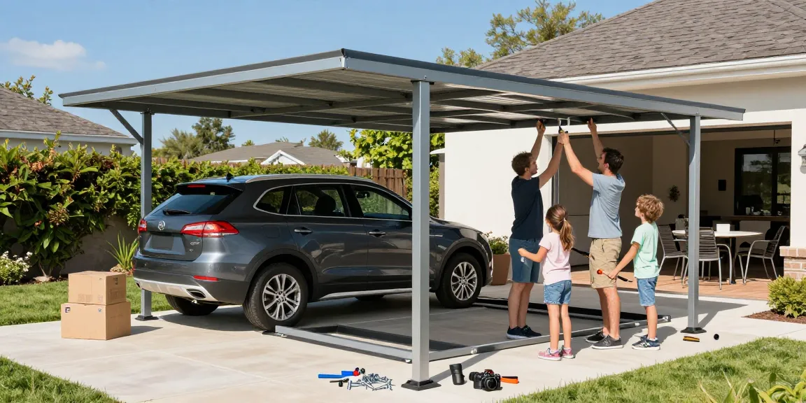Familie bei der Montage eines Carports im Garten, Gemeinschaftsarbeit und sonnige Atmosphäre.