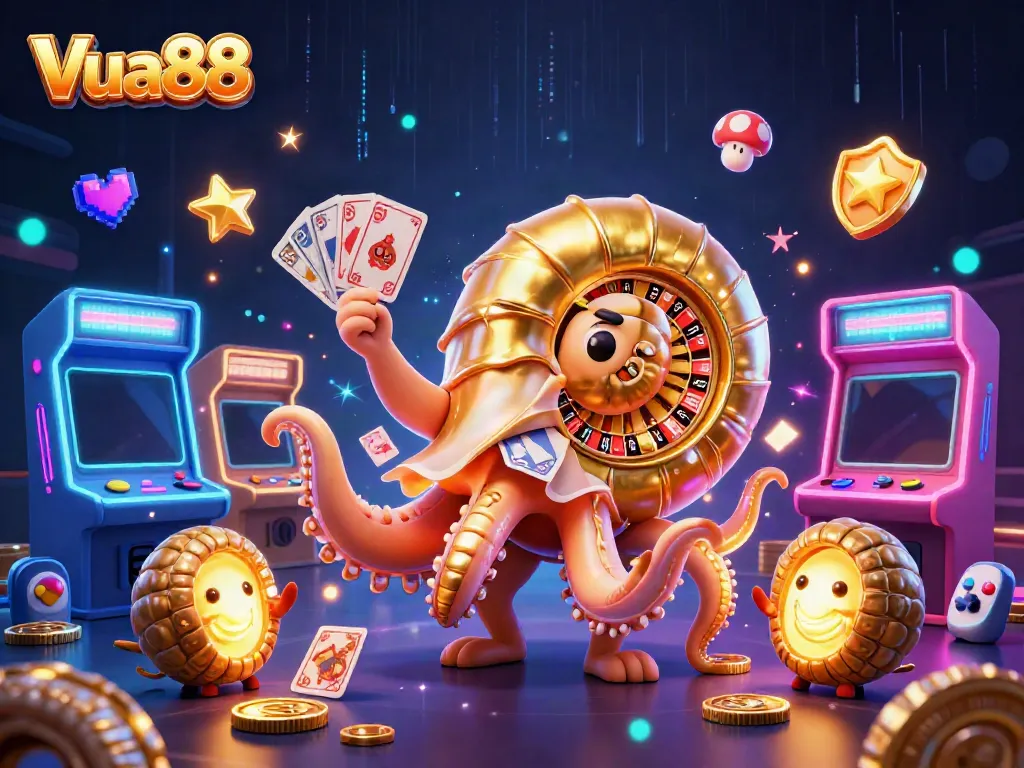 Experience the vibrant world of Vua88 with a giant nautilus, roulette wheel, and colorful gaming elements.