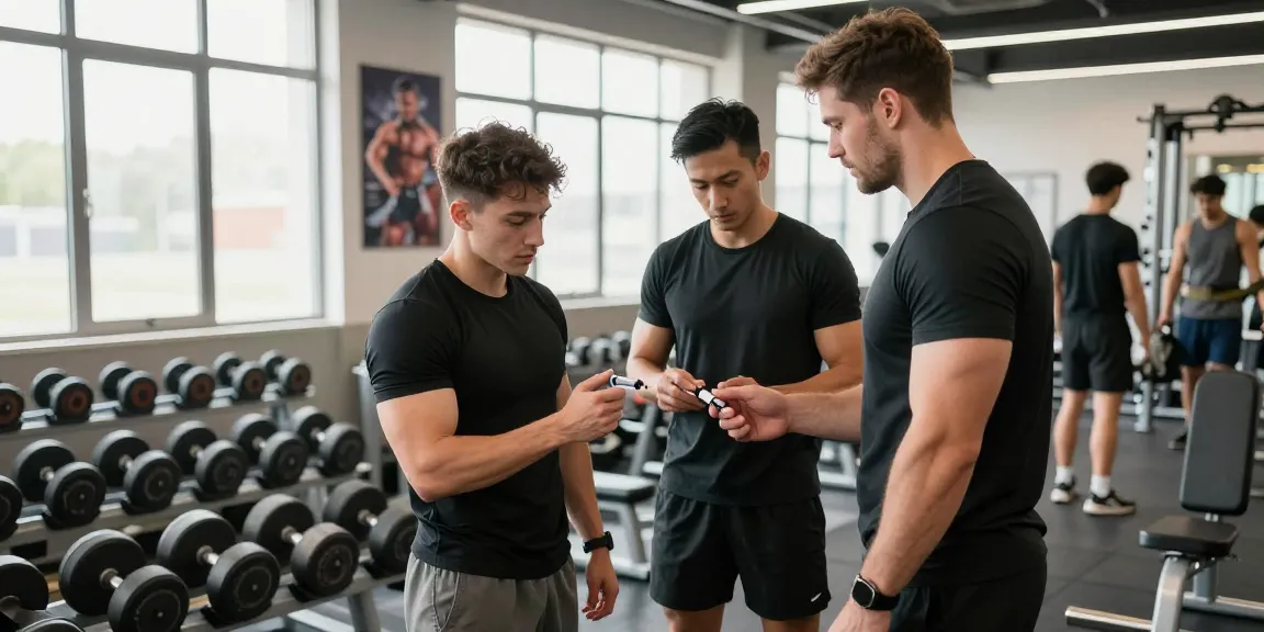Aktive Bodybuilder im Anabolika Shop – sicheres Spritzen von Steroiden in modernem Fitnessstudio.