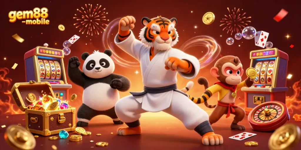 Experience the excitement of gem88-mobile with dynamic casino action featuring slot machines and playful characters.
