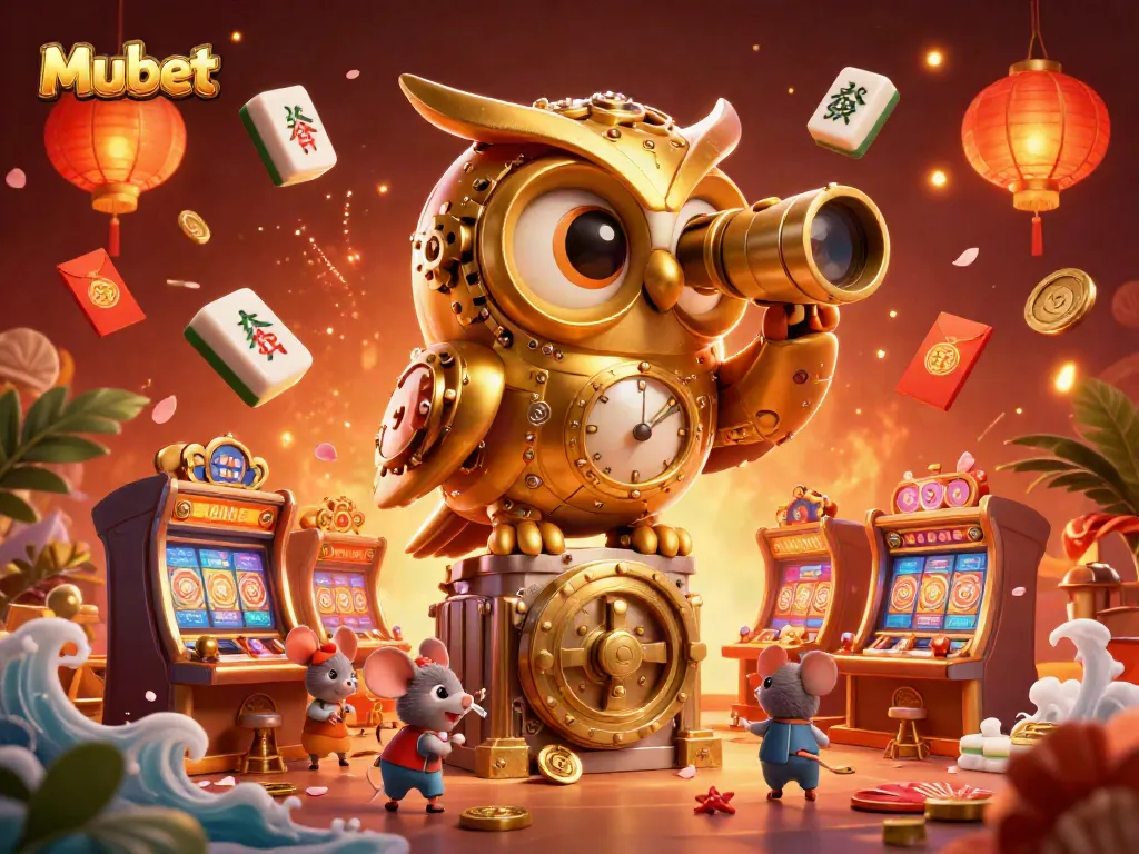 Experience the thrilling ambiance of Mubet, with a clockwork owl surveying a lively casino scene filled with joyous gaming elements.