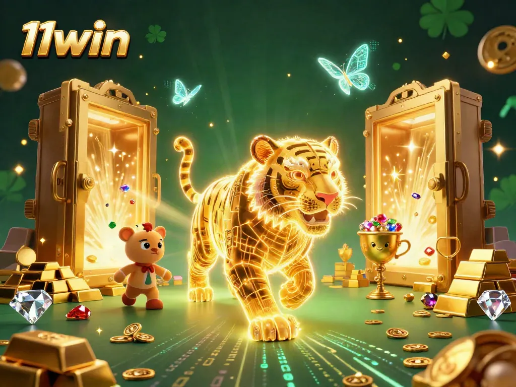 Experience thrilling gameplay at 11win with a dynamic illustration of a golden tiger amidst casino treasures.