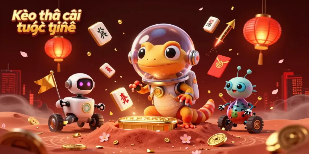 Kèo nhà cái trực tuyến Martian gecko discovers a golden casino on Mars with vibrant gaming elements.