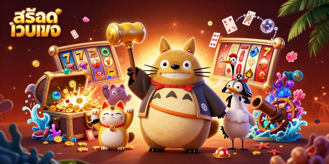Engage in สล็อตเว็บตรง with cheerful tanuki and fortune cats in a dynamic casino celebration scene.