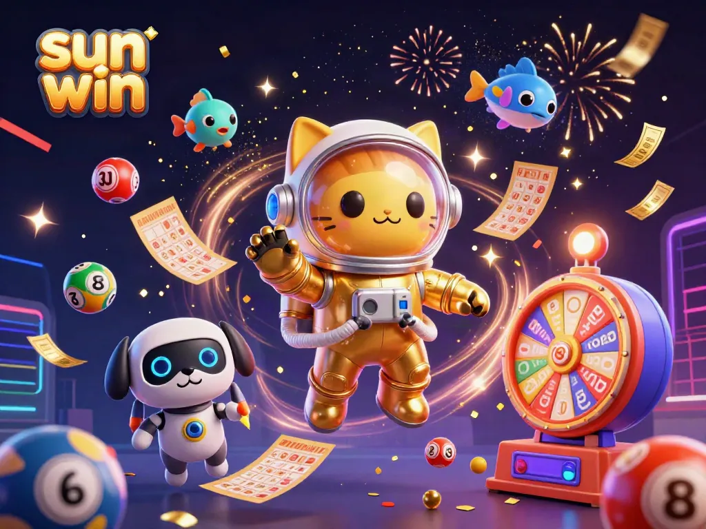 Experience the excitement of 'sun win' in a dazzling casino scene with astronauts and colorful gaming elements.