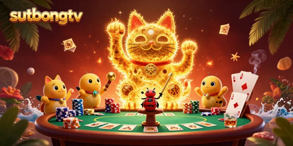 Engage with sutbongtv's exciting world of live sports betting illustrated with a lucky cat and conductor beetle in a dynamic casino scene.