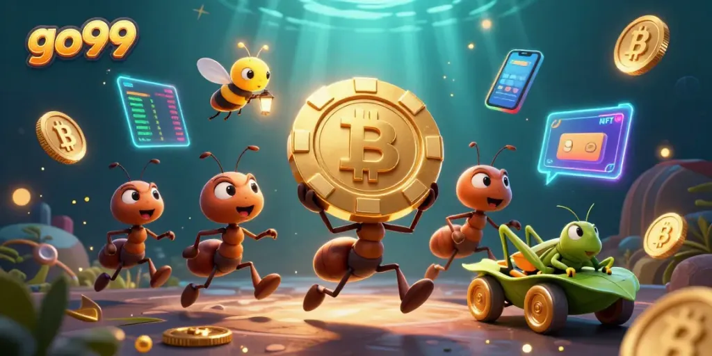 Experience the thrill of go99 with 3D cartoon ants heisting a giant poker chip while crypto elements surround them.