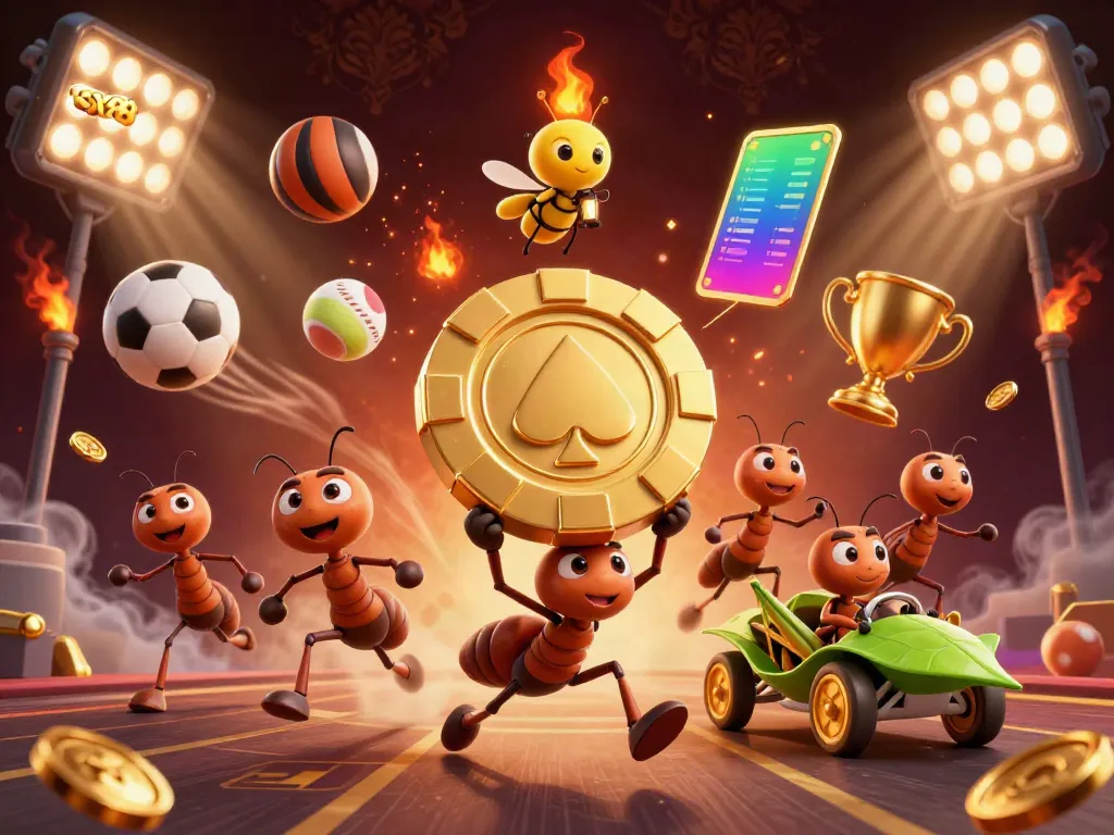 Experience thrilling wins with SV88's exciting online casino heist scene featuring playful ants.