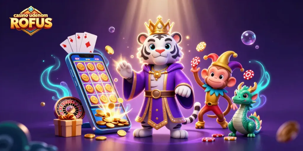 Experience the thrill of casino uden om ROFUS with an elegant tiger, jester monkey, and lively action.
