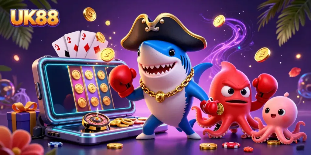 Experience the thrill of UK88 gambling with dynamic cartoon characters engaging in animated casino fun.