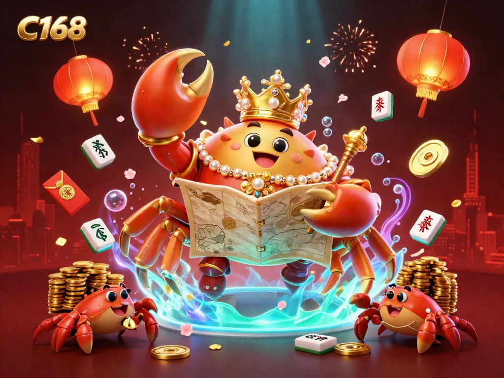 C168 showcases a vibrant casino atmosphere with a golden crab emperor and dynamic gaming elements.