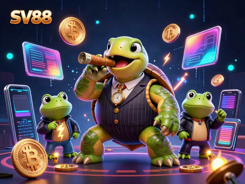 Engage with SV88 in an ultra-detailed digital casino scene featuring a massive turtle and bullfrog enforcers.