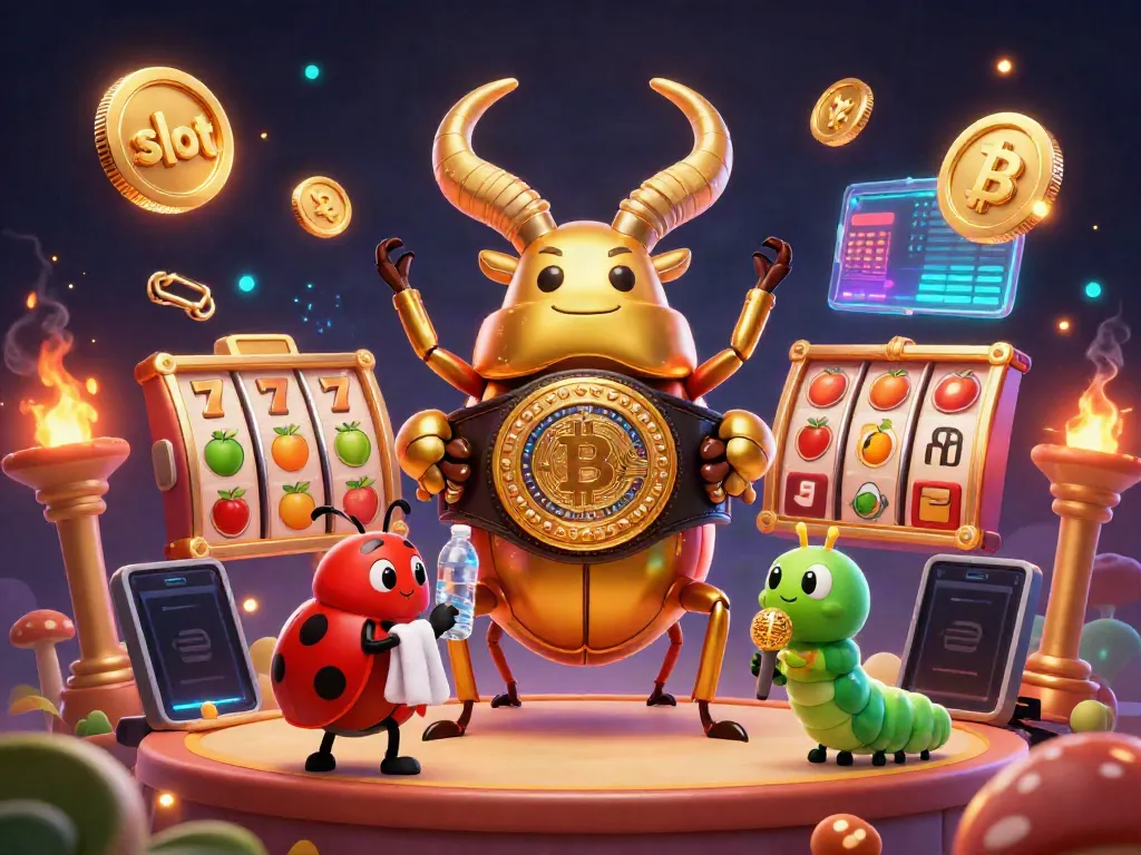 Experience thrilling slot action with a dynamic golden beetle champion in a vibrant, detailed casino scene.